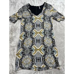 Free People Allie Blue Geometric Women's Short Sleeve V-neck dress Size 12 EUC